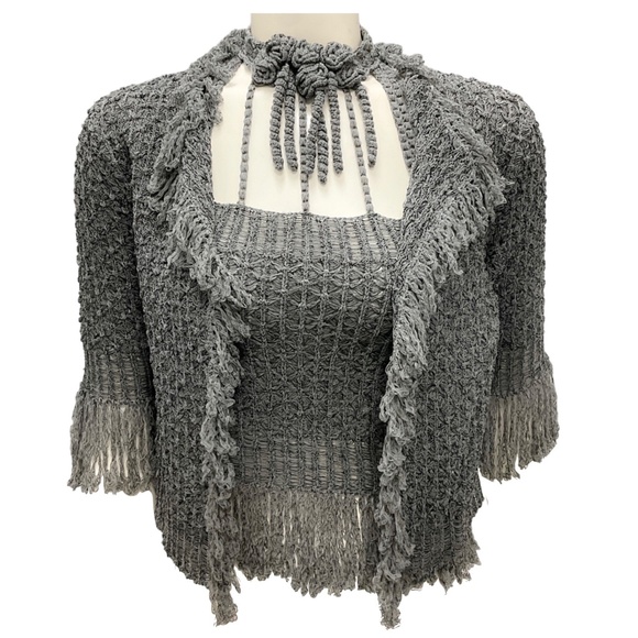 CHANEL GREY RARE VINTAGE 2001 GREY FRINGED KNIT CARDIGAN AND HALTER TOP TWO-PIEC - Picture 1 of 10